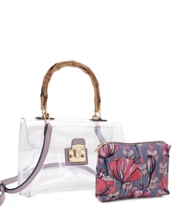 Bamboo Top Handle with Flower Pouch Clear Bag Set CR20412 LAVENDER